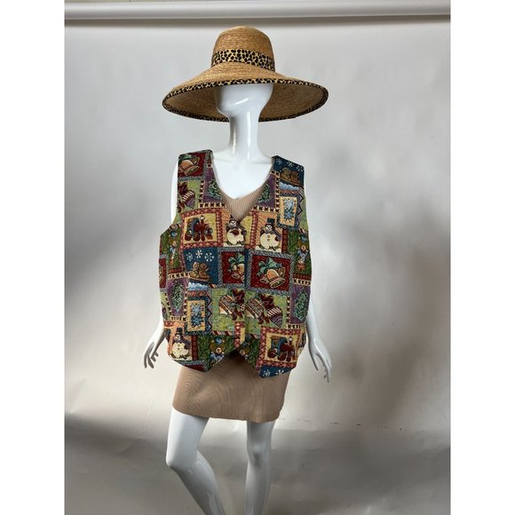 Westbound Vintage Plus Sized Holiday Christmas Vest  1X Green  Patchwork Tapestr - Picture 13 of 16